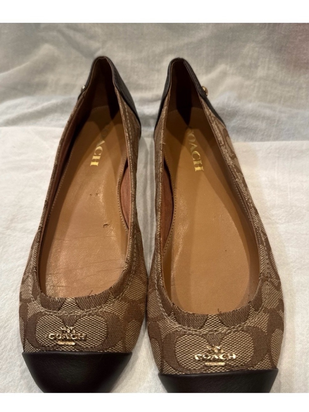 Coach Brown Signature Canvas Ballet Flats with Black Toe and Gold Logo